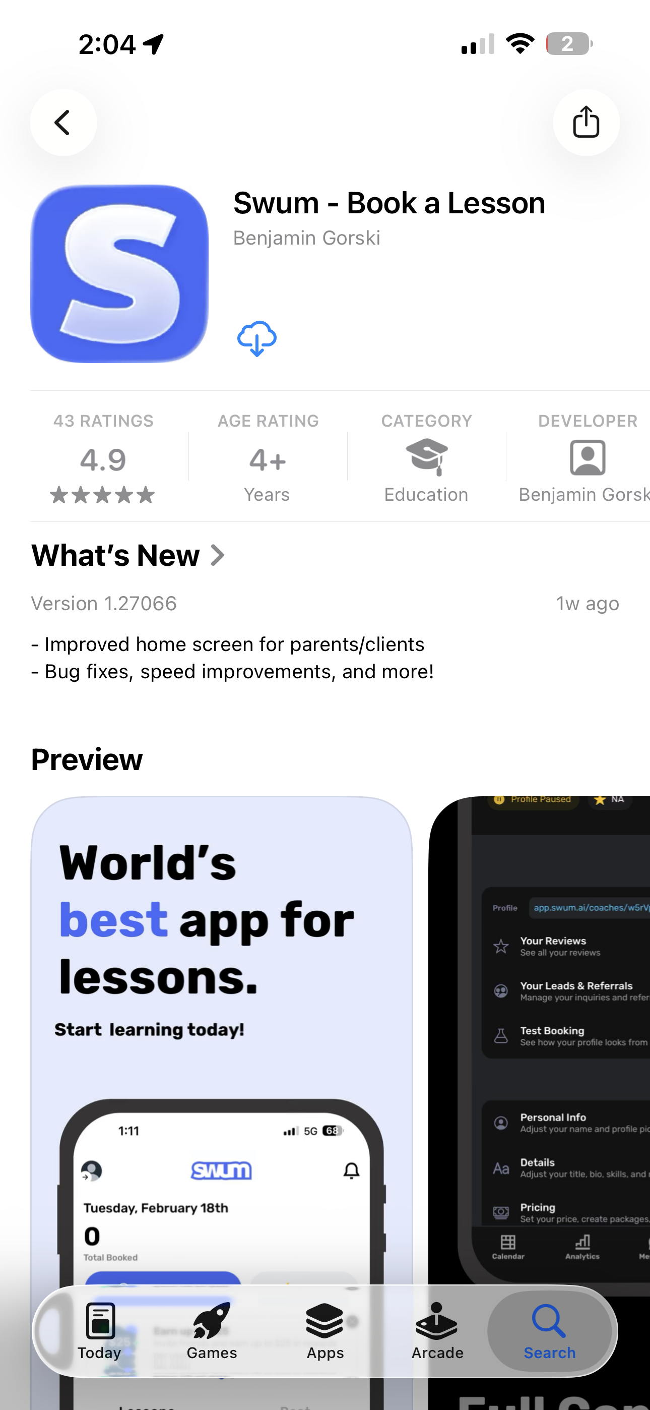 Swum listed in the Apple App Store