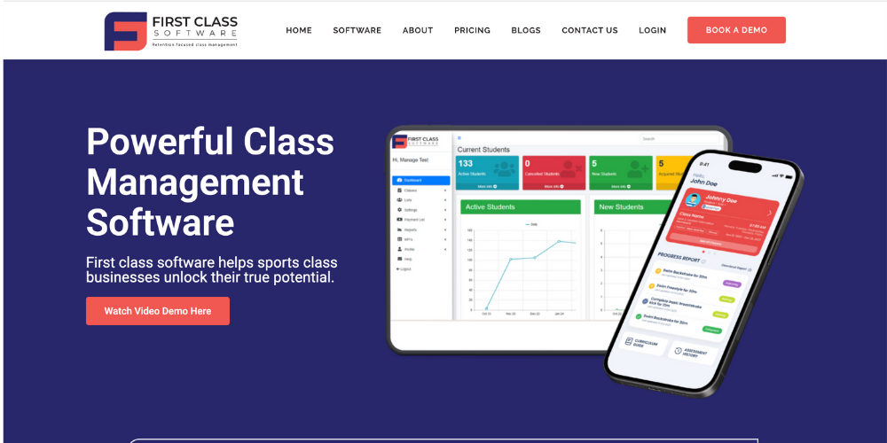 First Class Software retention analytics and swim school management dashboard