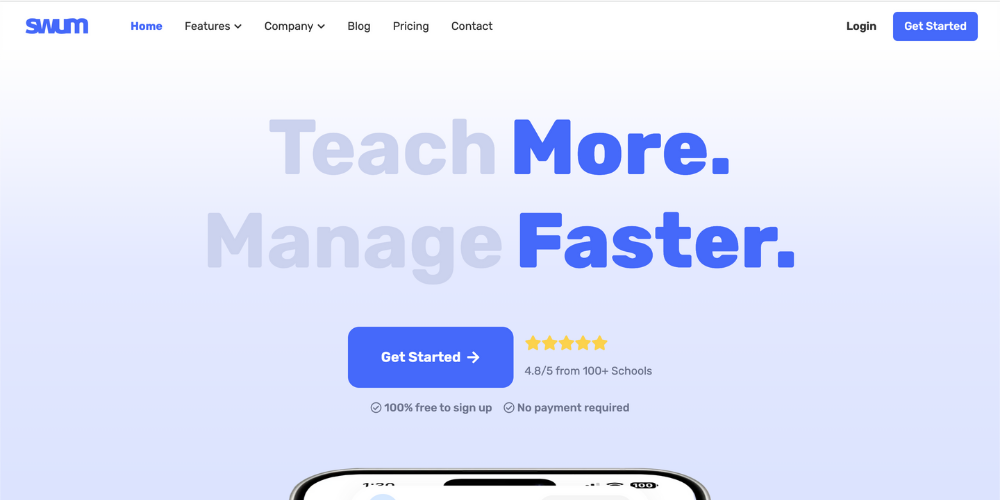 Swum swim school management software dashboard interface