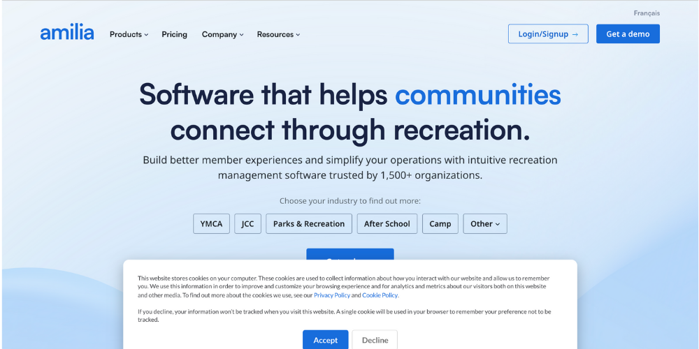 Amilia recreation management dashboard showing facility and program management