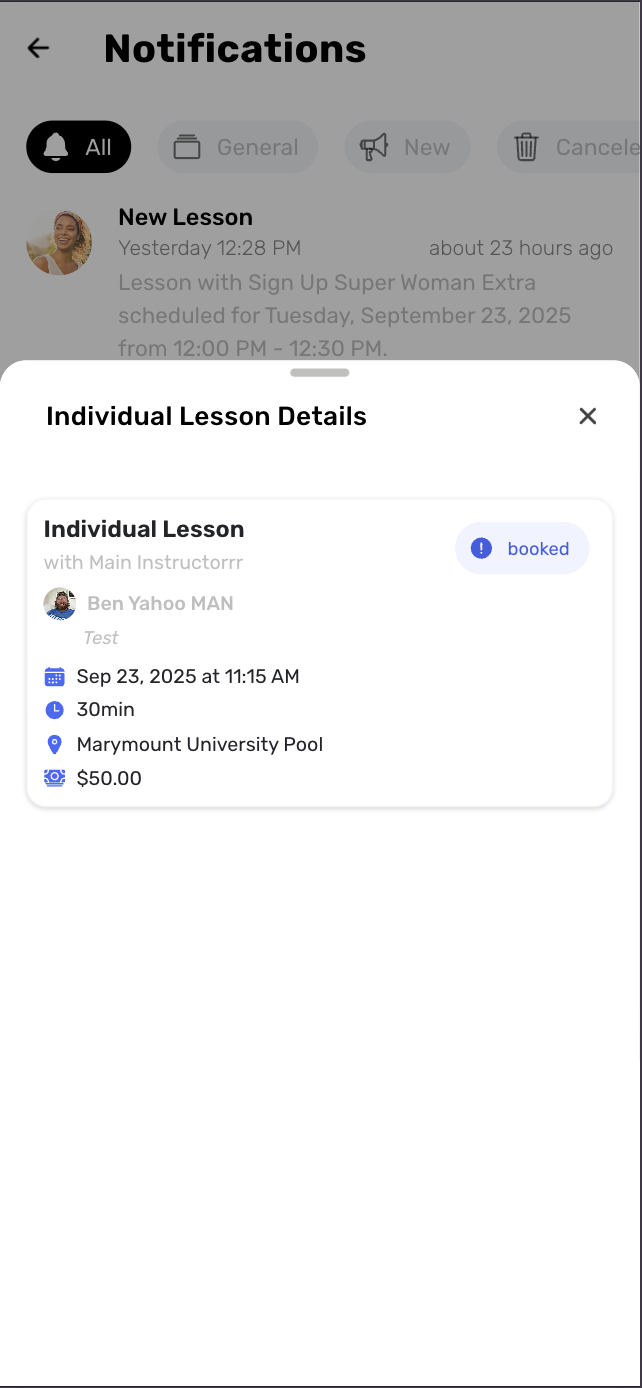 Enhanced notification panel showing detailed lesson signup information