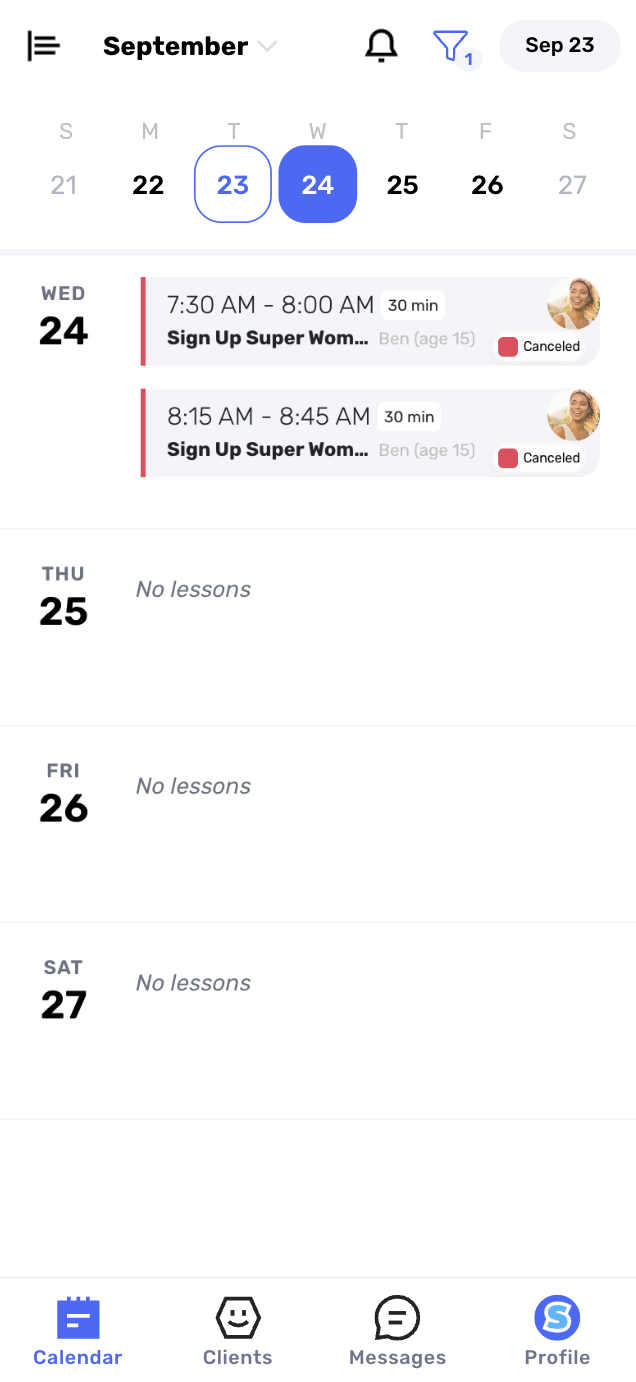 Calendar view showing canceled lesson placeholders and scheduling gaps