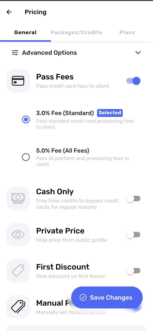 Payment processing settings showing enhanced fee pass-through options