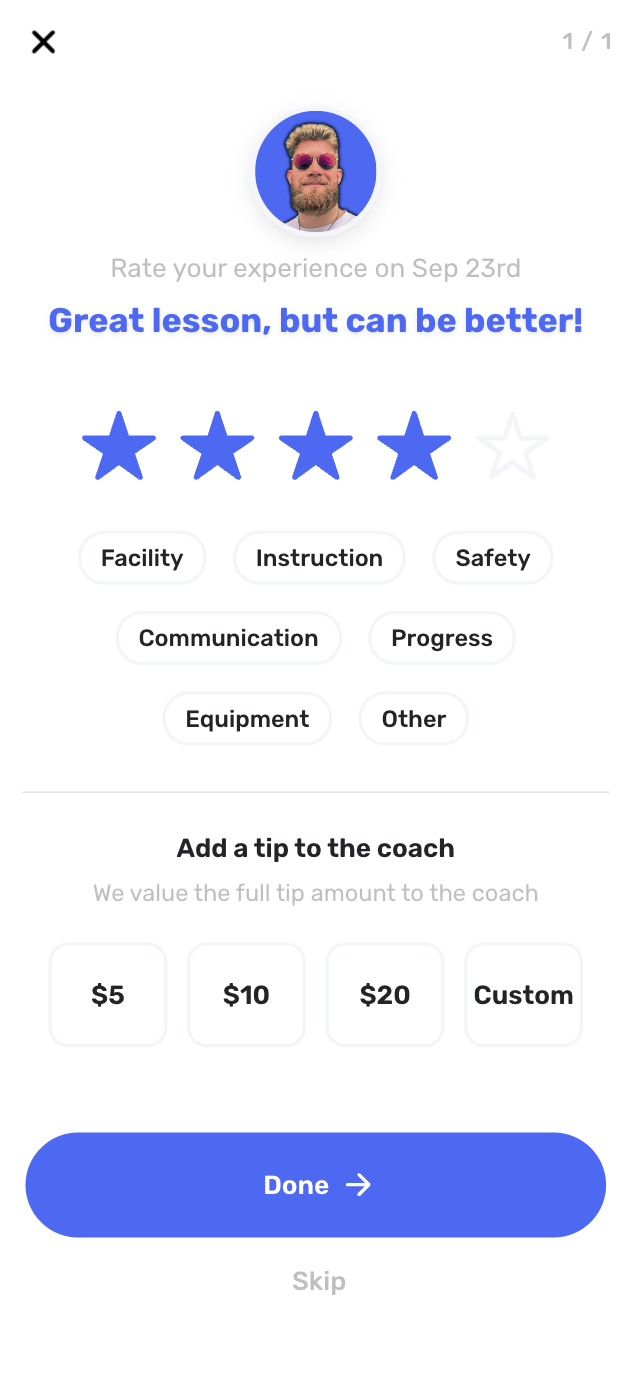 Tipping interface showing tip amount selection