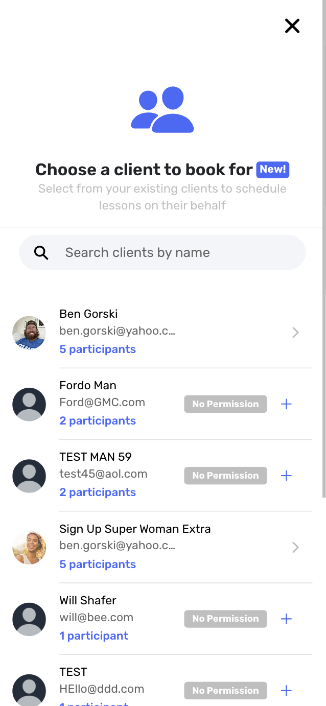 Instructor booking interface showing client selection