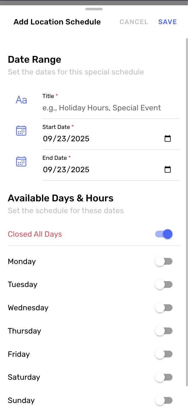 Calendar view showing custom operating hours for special events