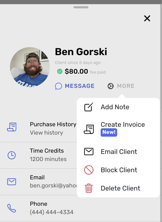One-off invoice creation interface from client profile page