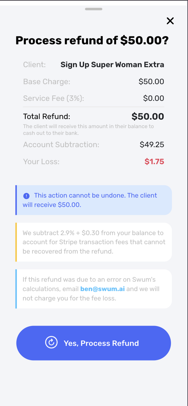 Refund confirmation screen showing client account balance update