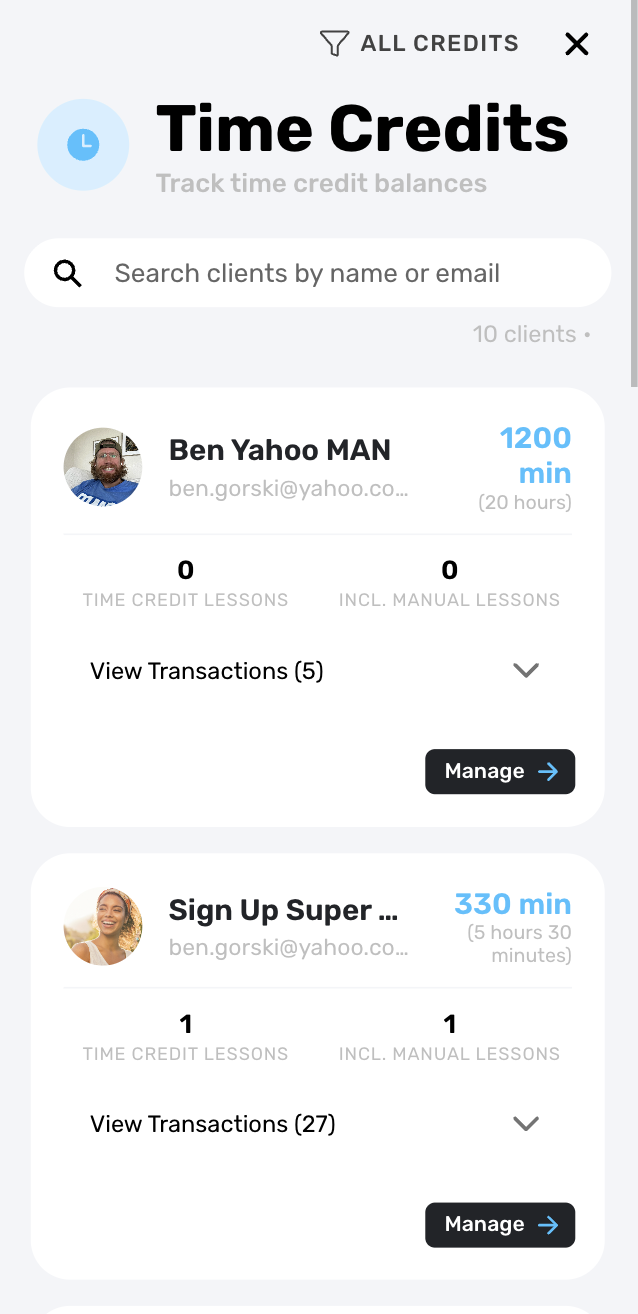 Time credits history interface showing detailed breakdown for each customer