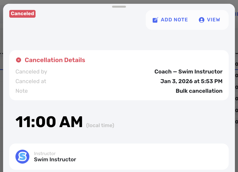 Cancellation tracking interface showing reason, date, and user details