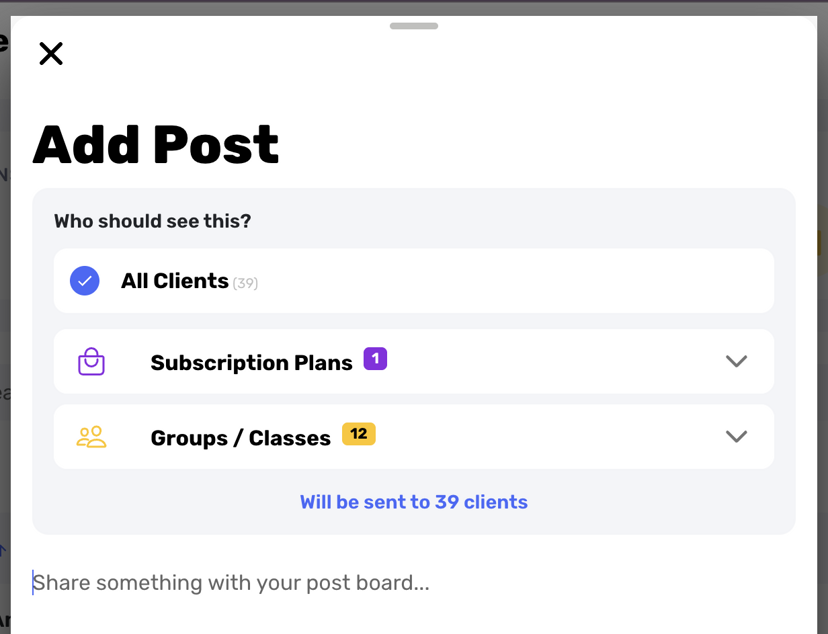 Message board settings showing visibility options for different client types