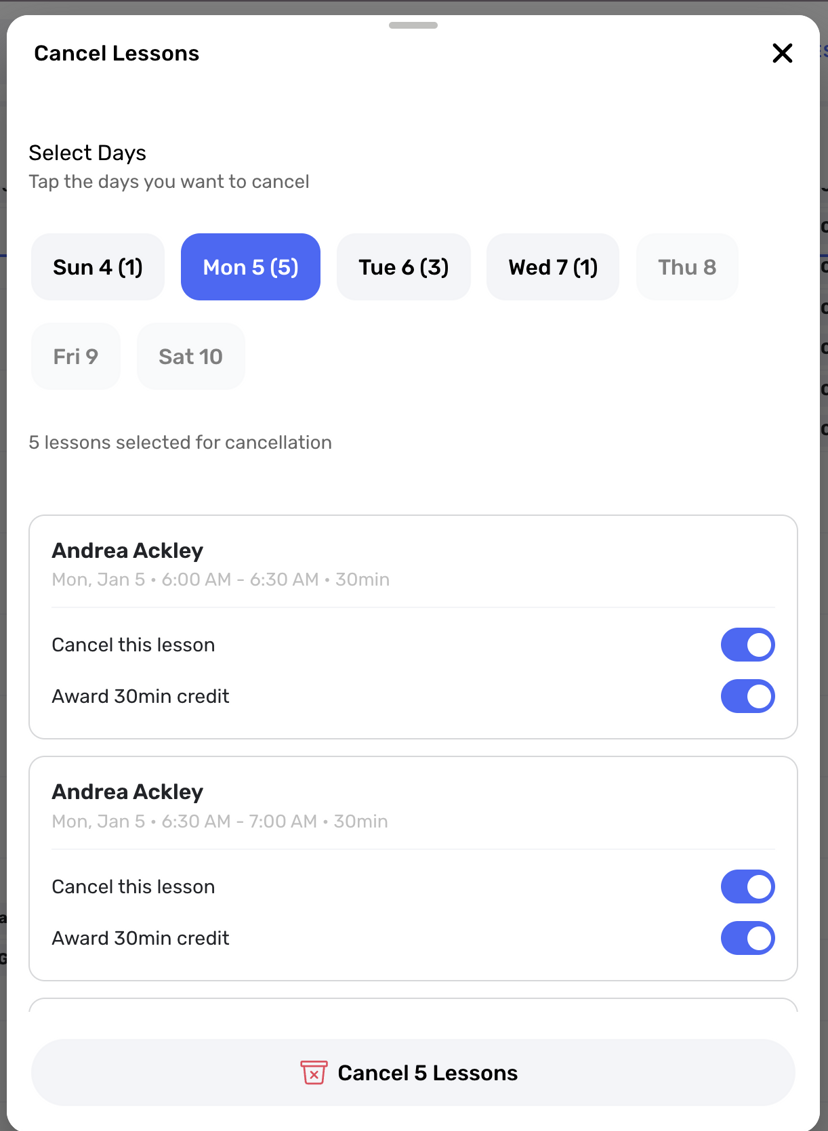Mass cancellation tool selecting all lessons for a specific day