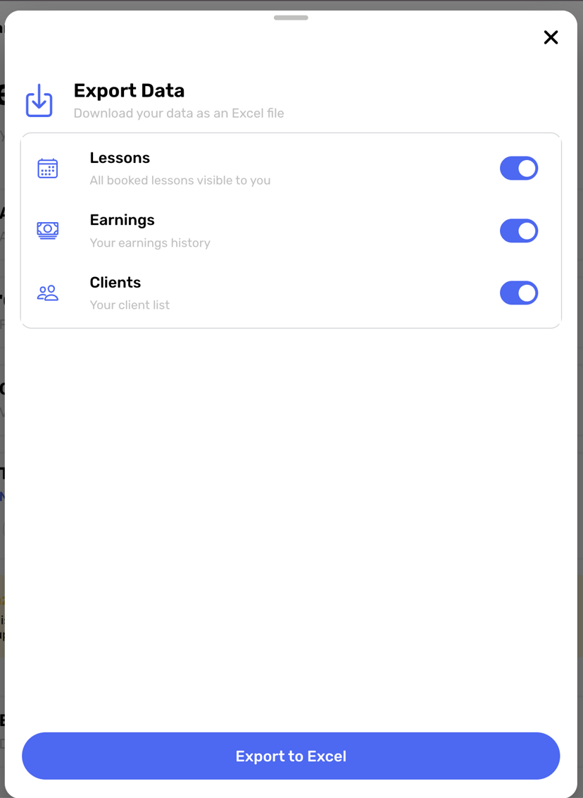 Export menu showing options for Earnings, Lessons, and Clients