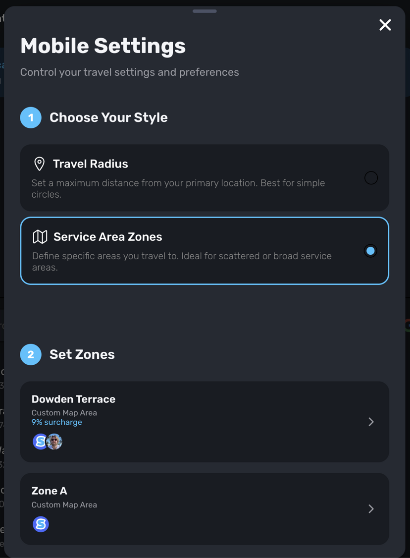 Mobile Settings showing Service Area Zones option with existing zones listed
