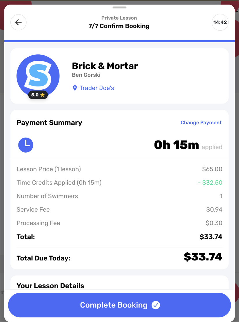 Booking checkout showing time credits partially applied to a lesson payment