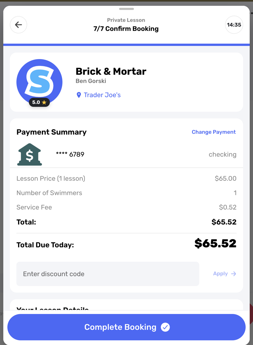 Booking checkout using a bank account for payment