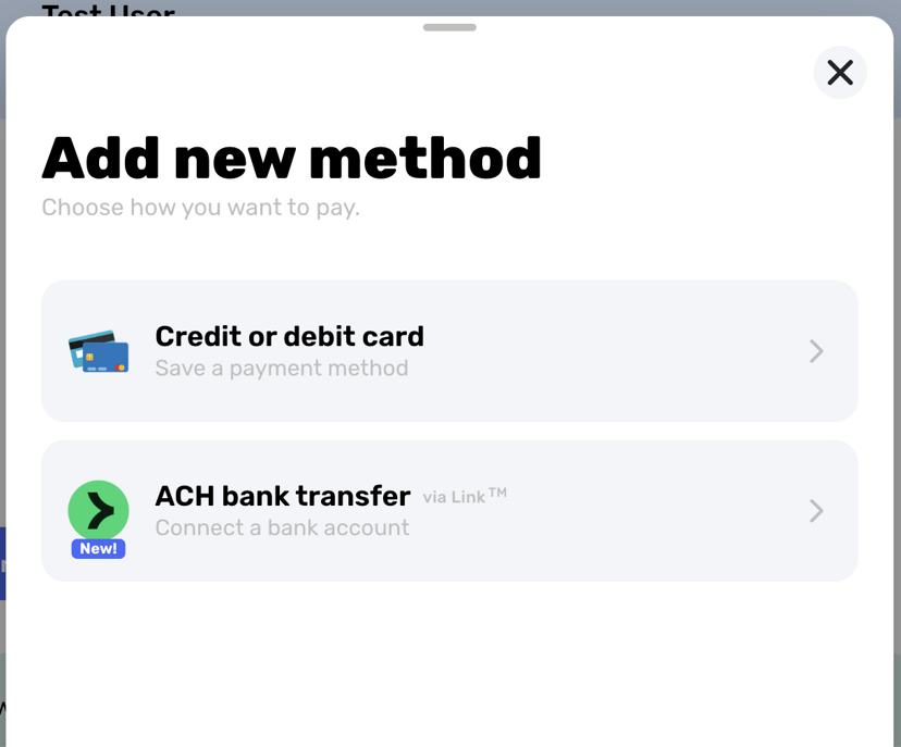 Add new payment method screen showing Credit/Debit and ACH bank transfer options