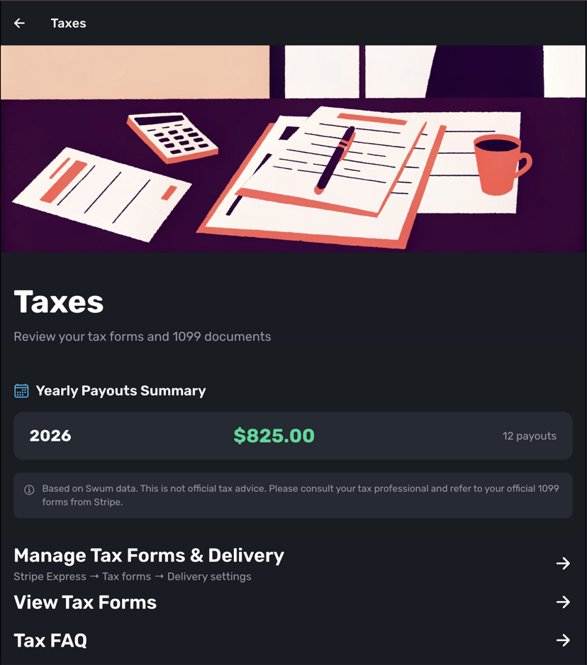 Taxes page showing yearly payouts summary and tax form management
