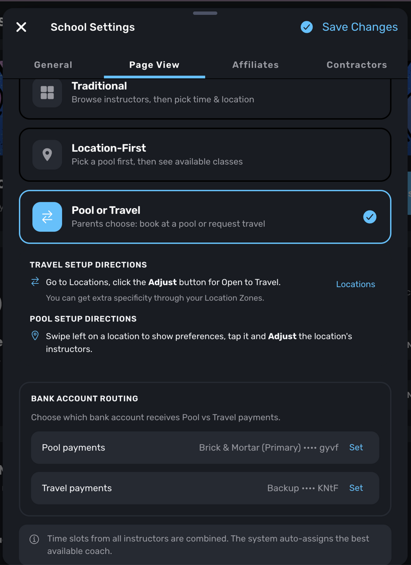 School Settings showing Pool or Travel page view with bank account routing