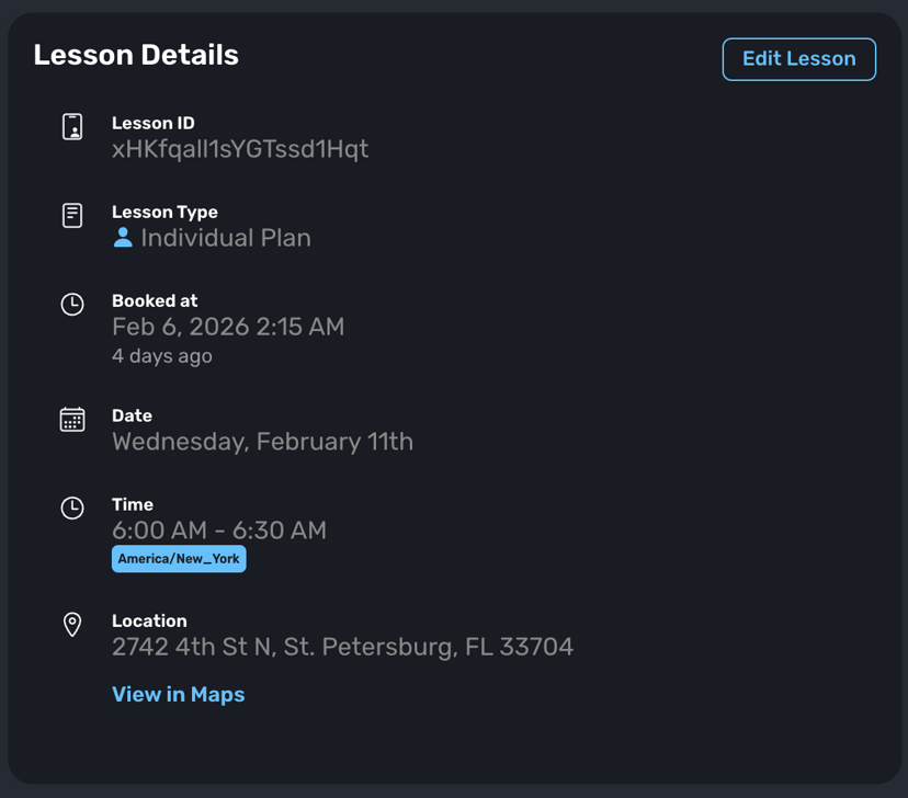 Lesson Details showing Booked at timestamp with relative time