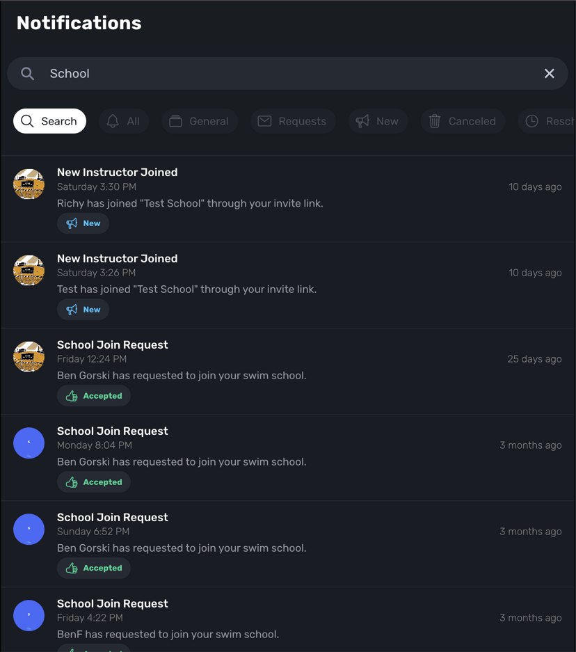 Notifications panel with search bar filtering results by keyword