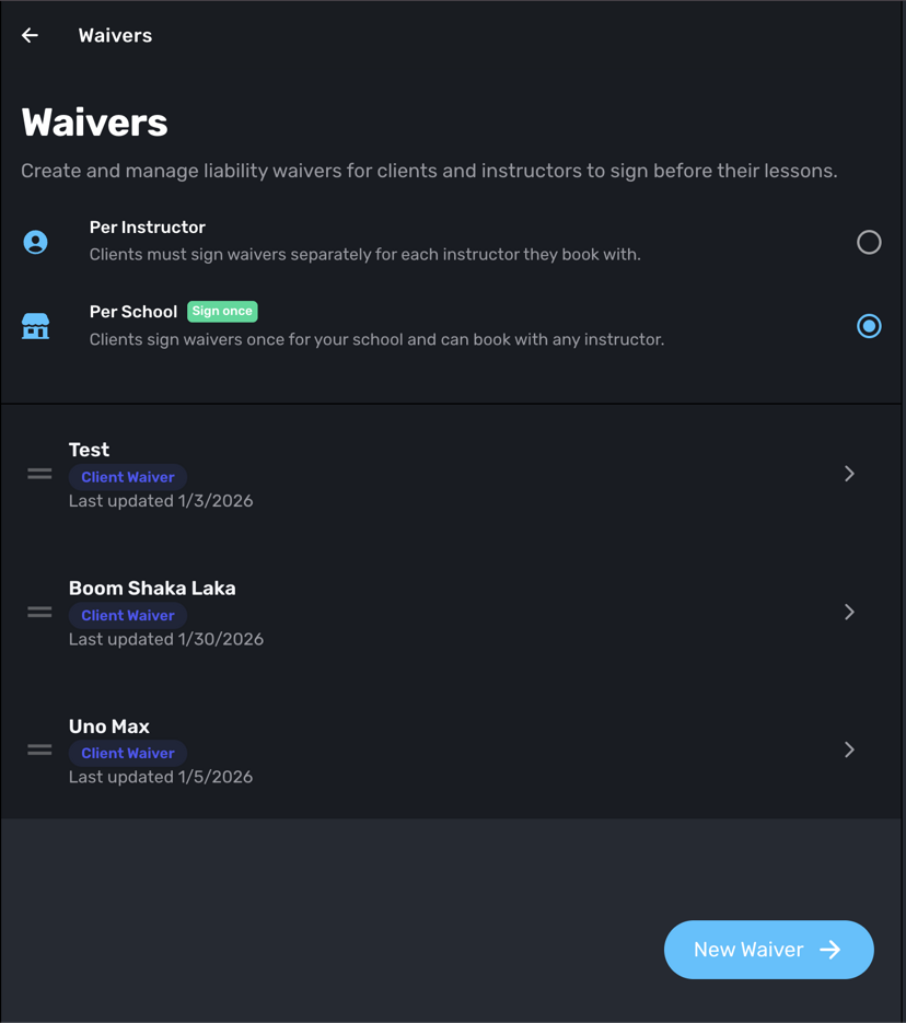 Waivers settings showing Per School option with Sign Once badge