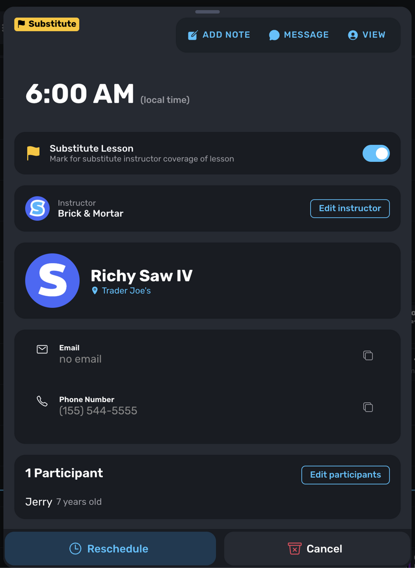 Lesson detail showing Substitute Lesson toggle and Substitute badge