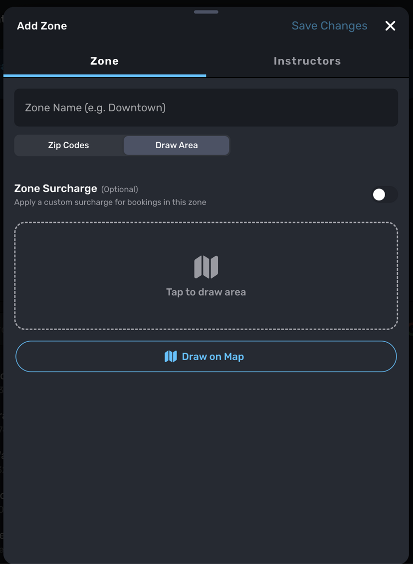 Add Zone screen with zip code and draw area options plus zone surcharge