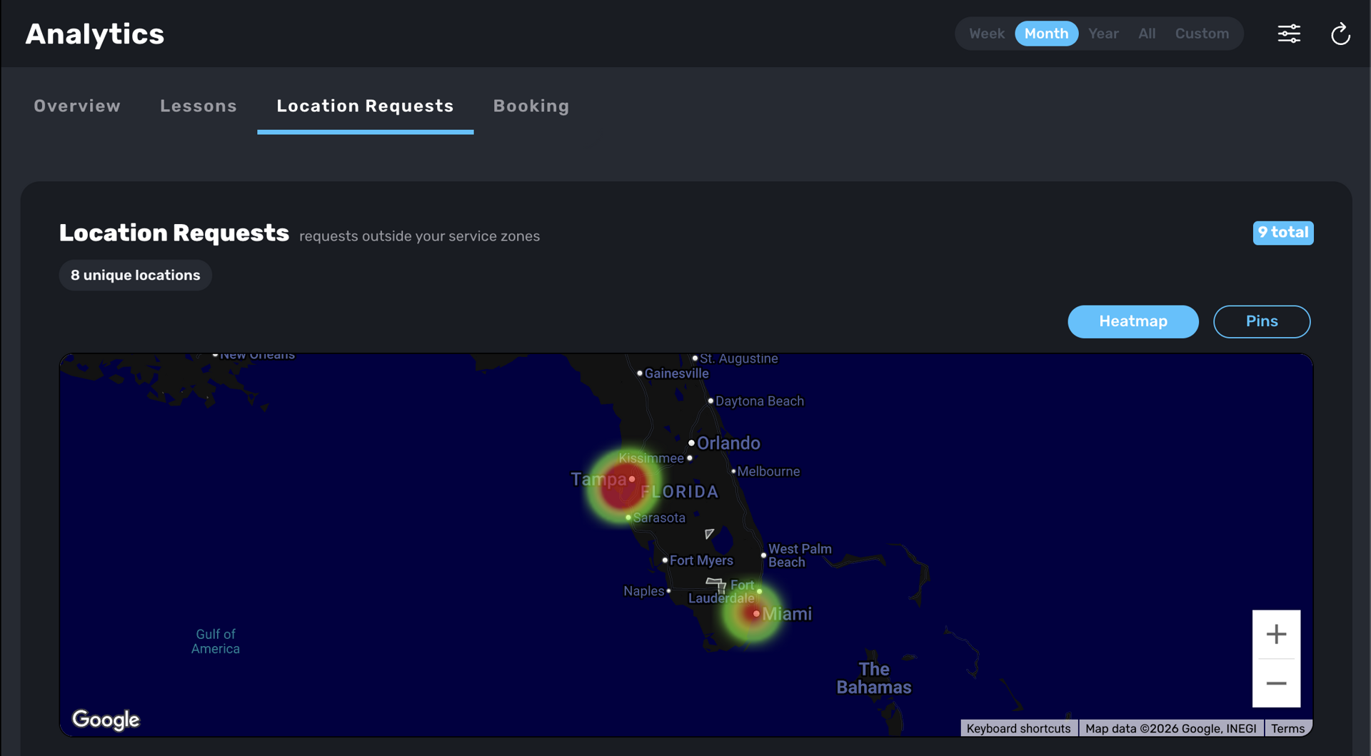 Location Requests heat map showing where client booking requests are coming from