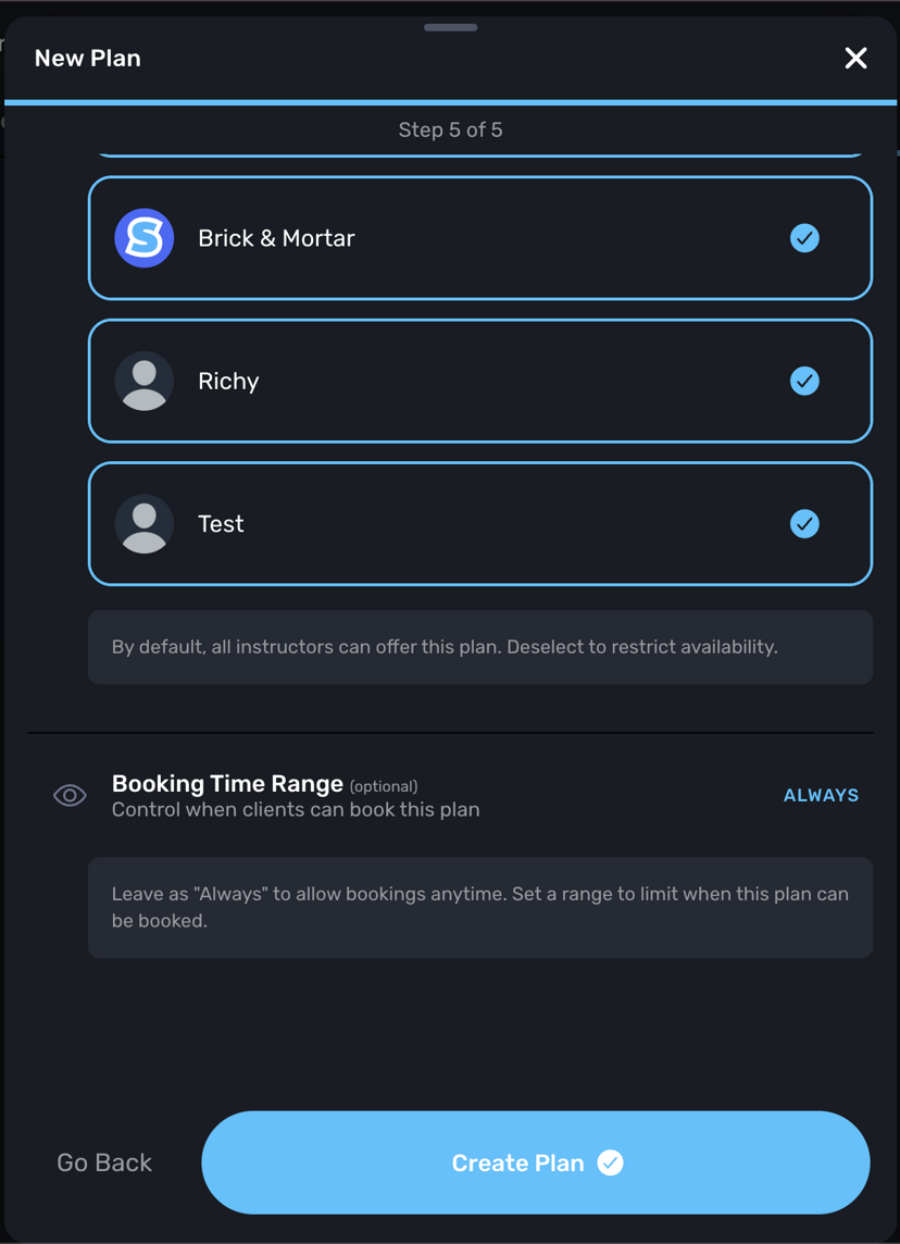 New Plan step 5 showing Booking Time Range option