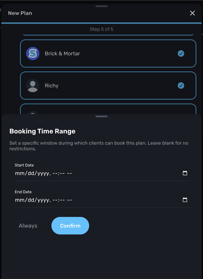 Booking Time Range date picker with start and end date fields