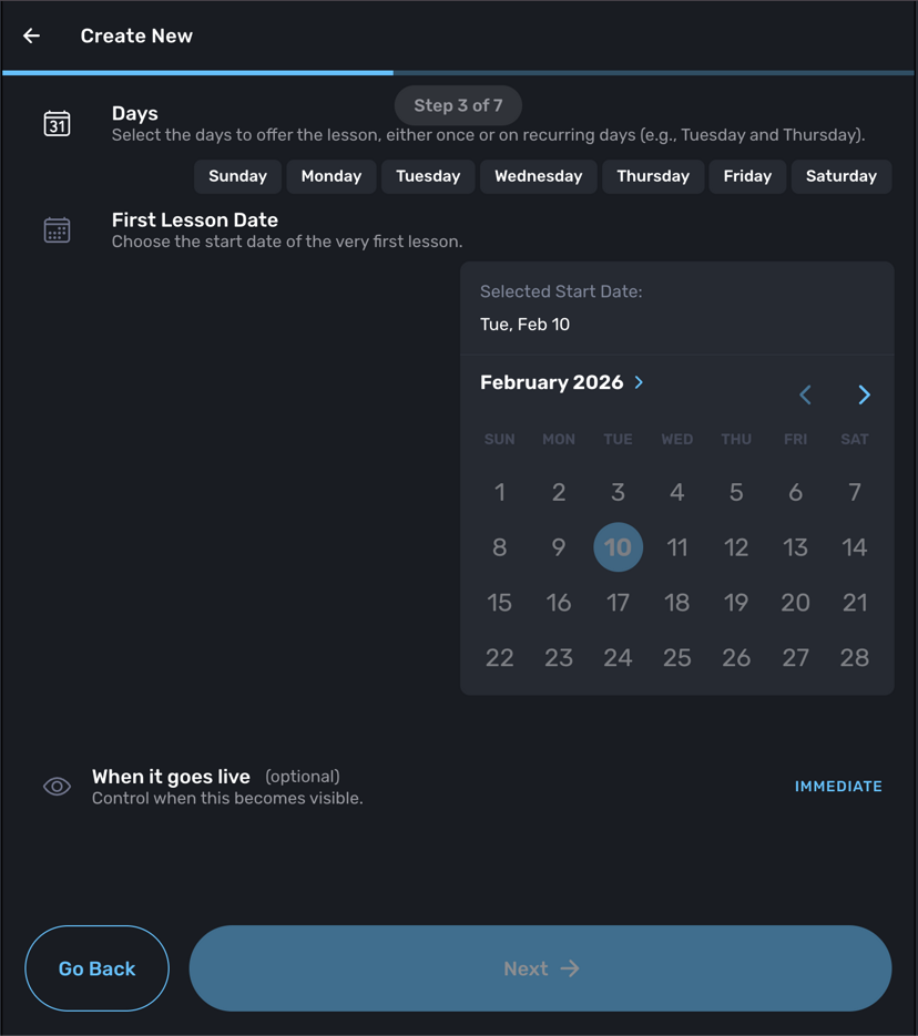 Create New group lesson showing When it goes live option with calendar