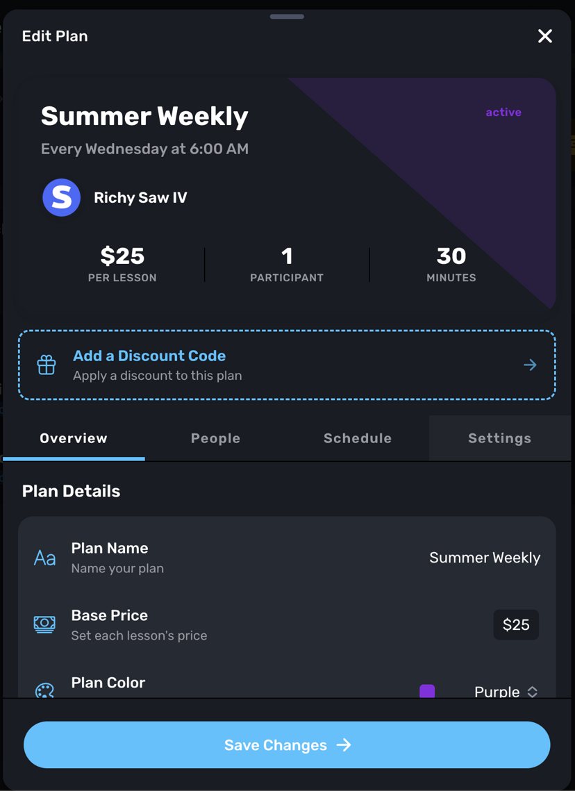 Edit Plan overview showing Summer Weekly plan details