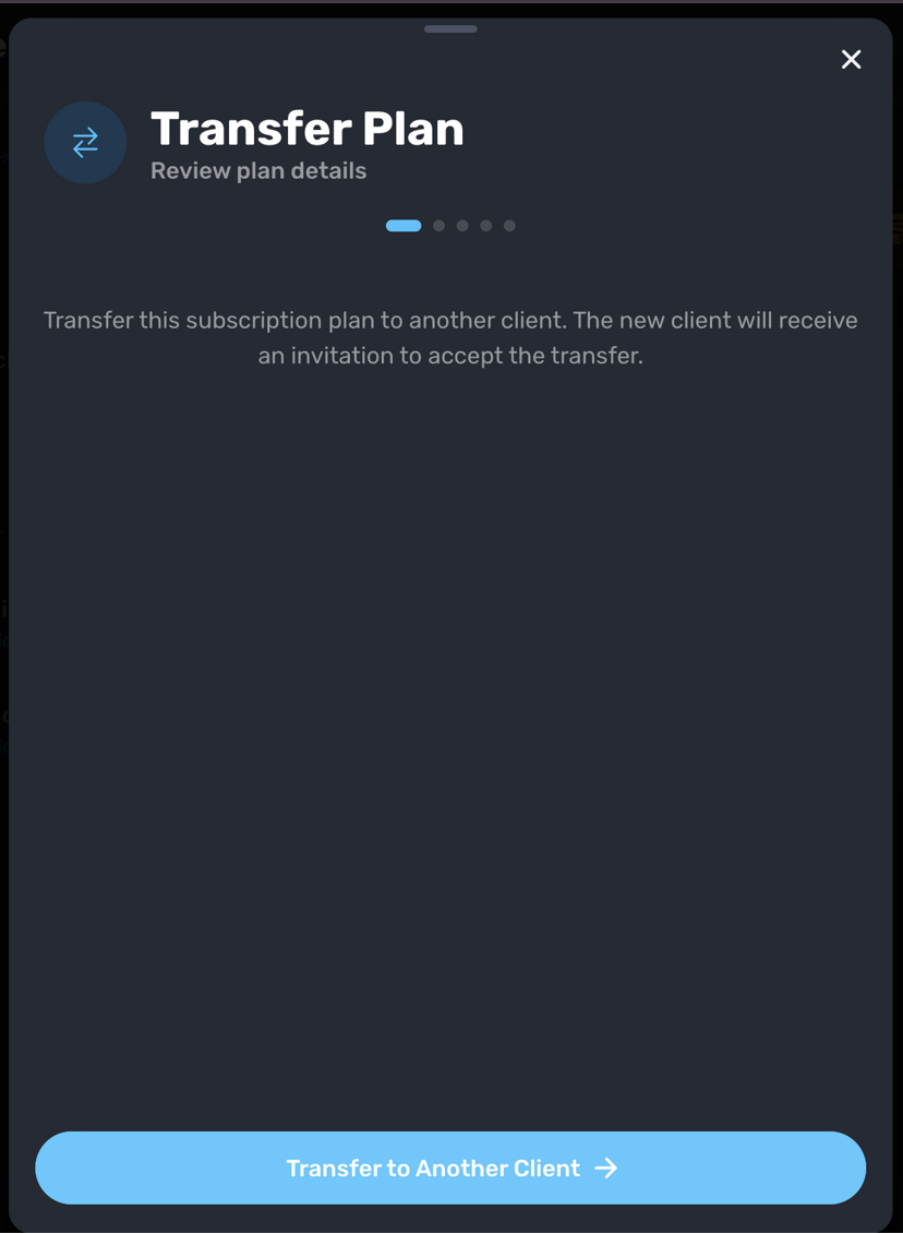 Transfer Plan modal with Transfer to Another Client button