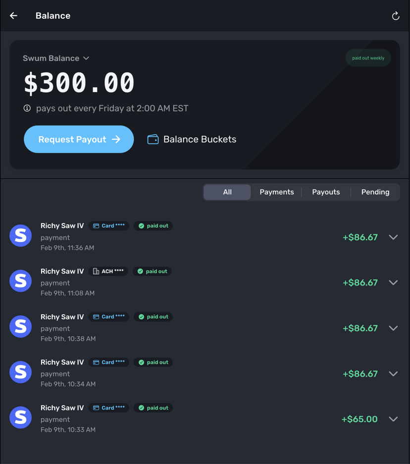 Balance page showing $200 balance with Request Payout button