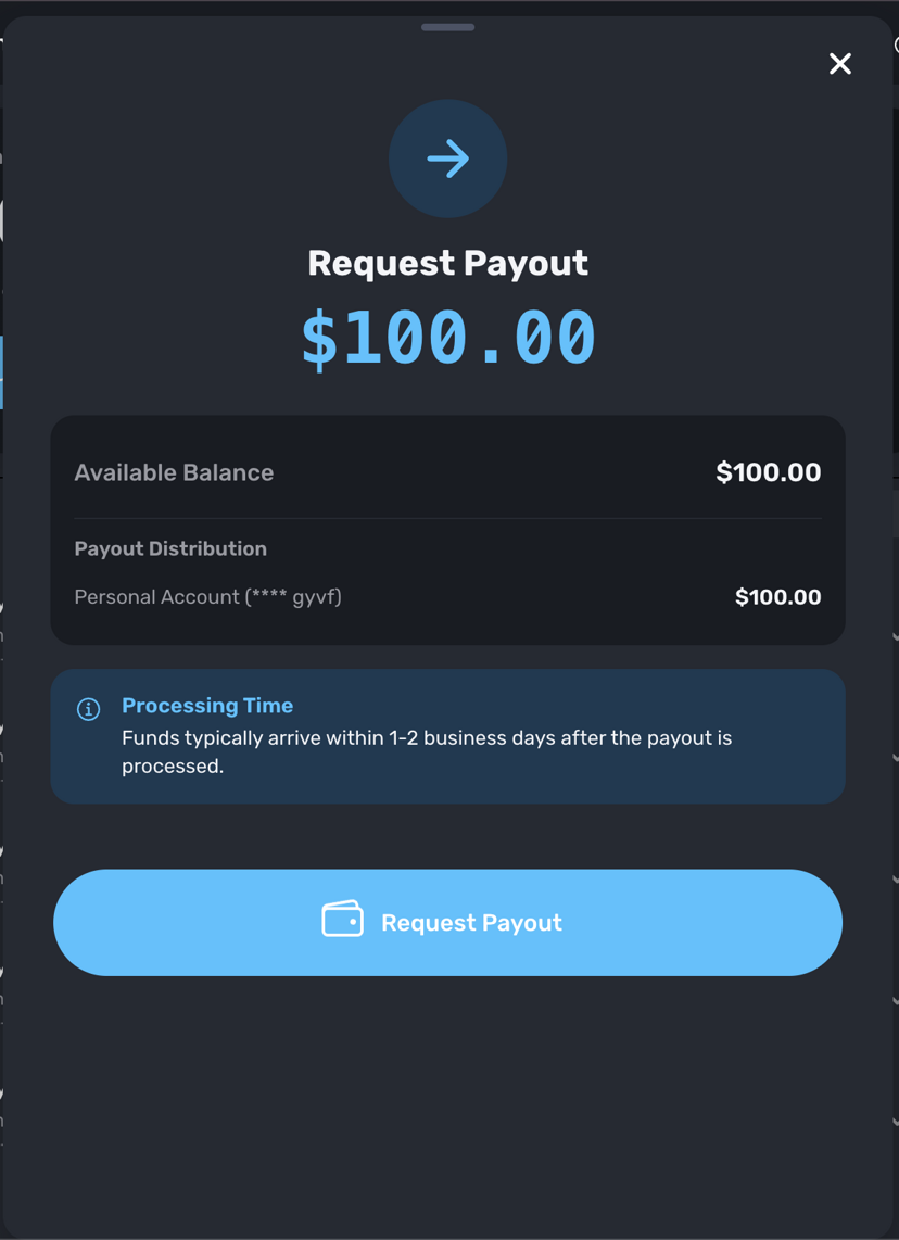 Request Payout modal showing available balance and processing time