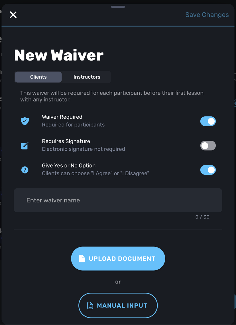 New Waiver form showing Give Yes or No Option toggle