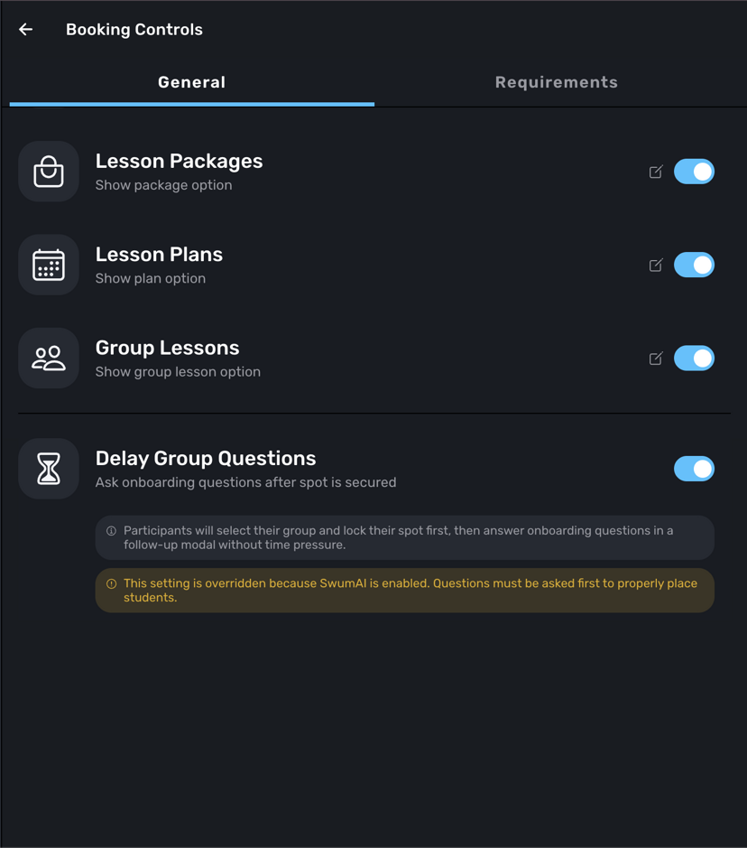Booking Controls showing Delay Group Questions toggle