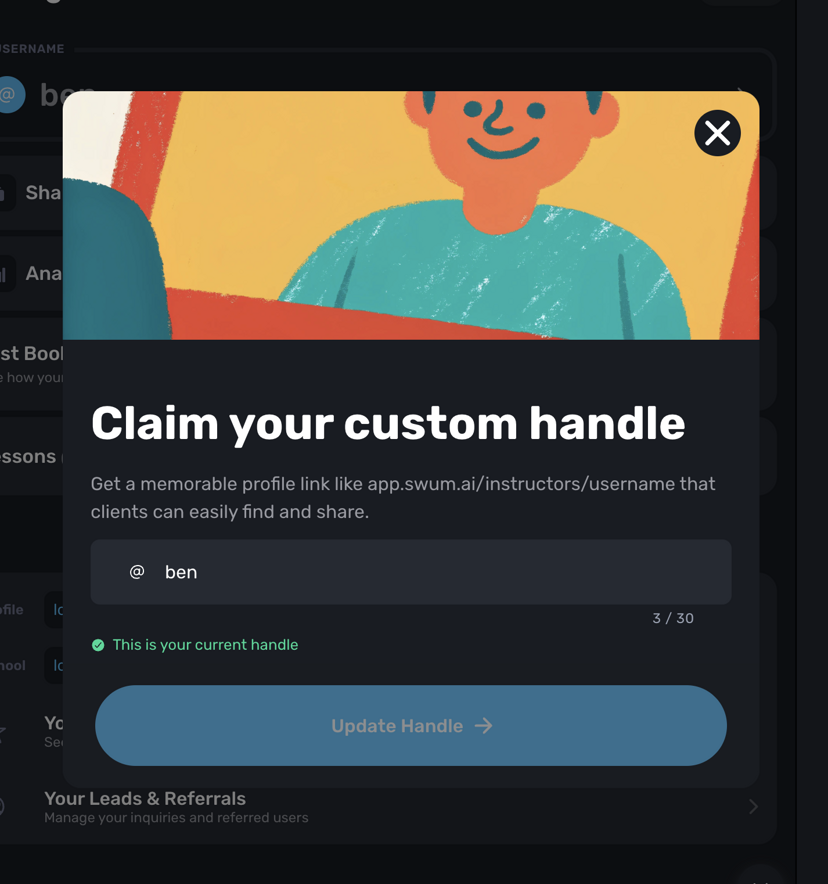 Claim your custom handle modal showing profile link preview