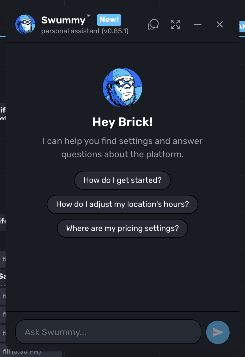 Swummy AI assistant welcome screen with suggested questions