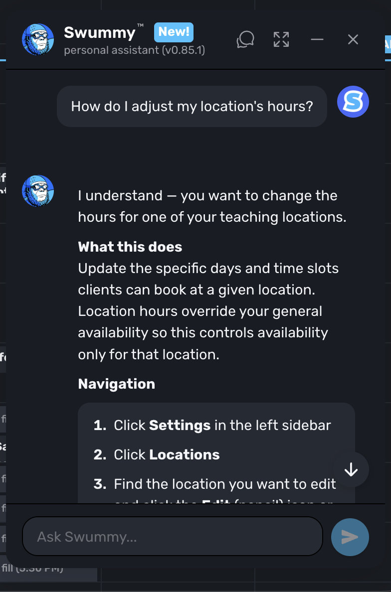 Swummy AI assistant answering a question about adjusting location hours