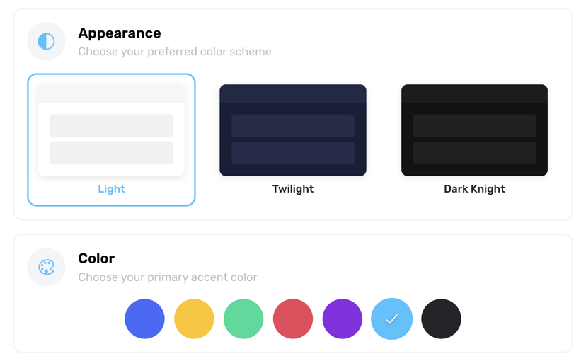 Appearance settings showing Light theme with cyan accent color