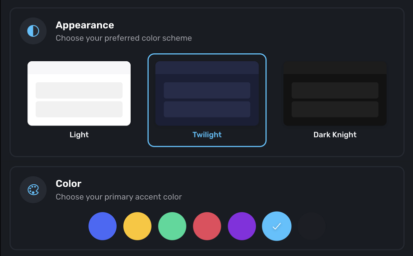 Appearance settings showing Twilight theme