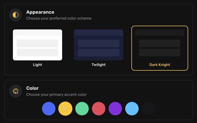 Appearance settings showing Dark Knight theme with yellow accent