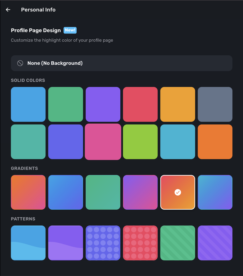 Profile Page Design settings with solid colors, gradients, and patterns