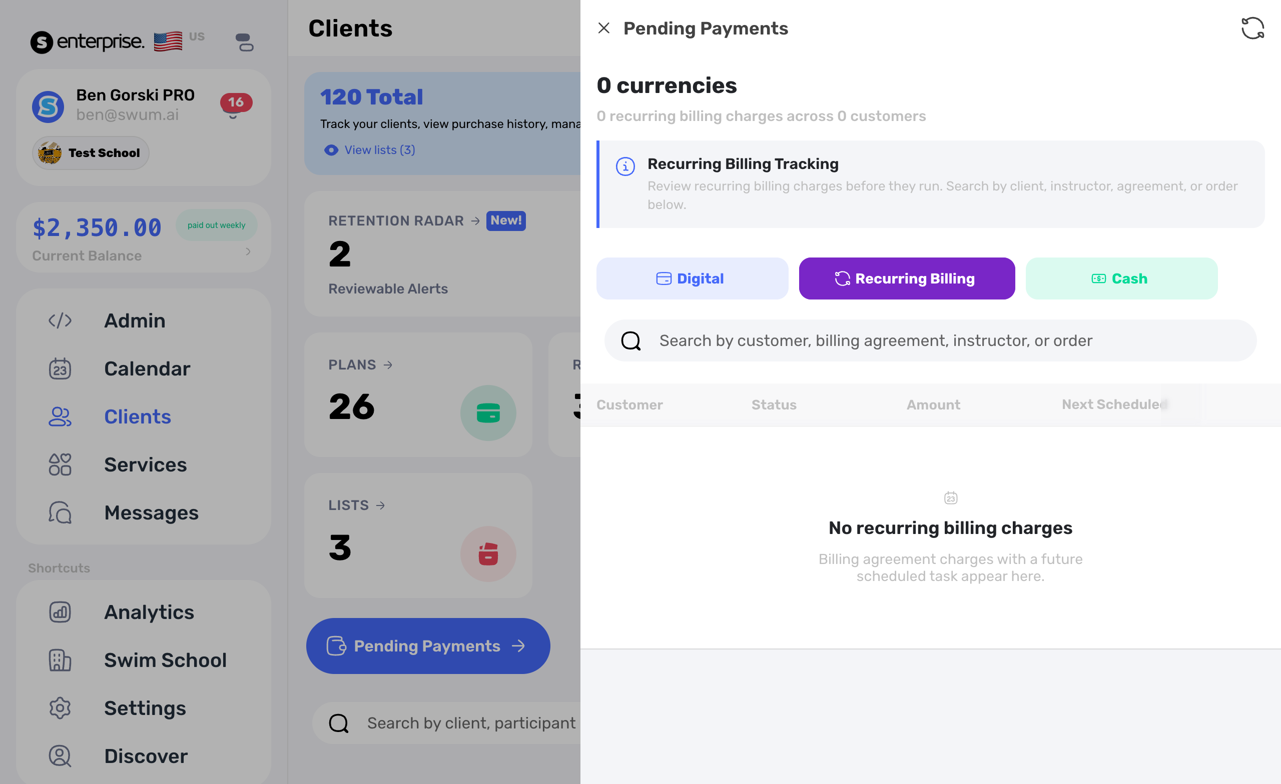 Client recurring billing tracking view