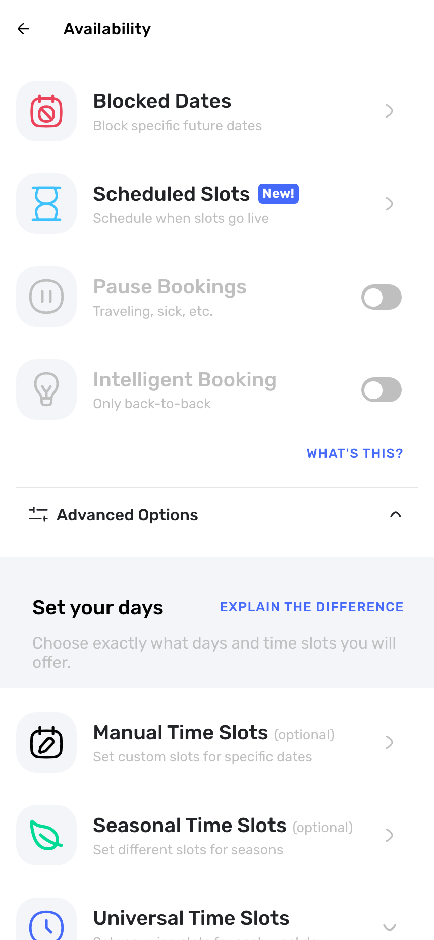 Swum availability settings showing blocked dates, scheduled slots, and day-by-day time slot controls