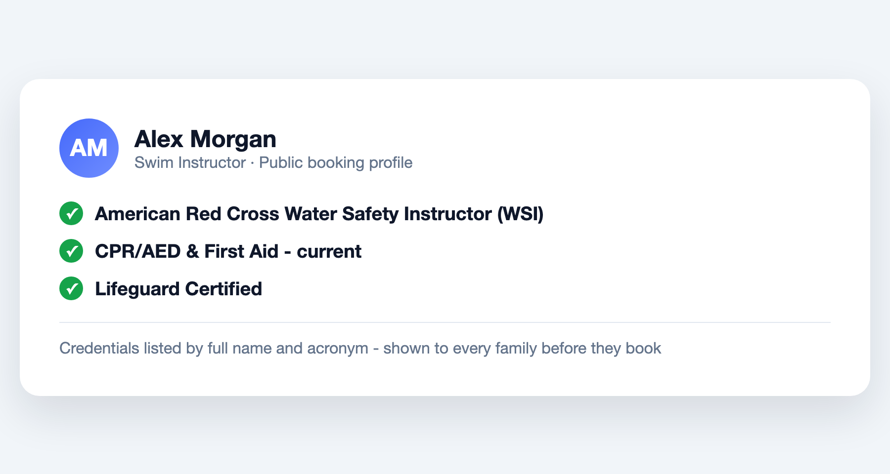 Instructor booking profile listing Red Cross WSI, CPR/AED First Aid, and lifeguard certifications