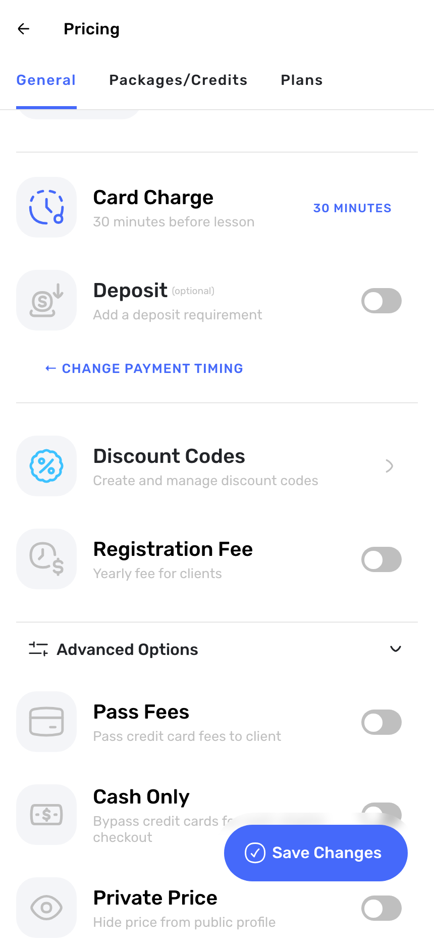 Swum advanced pricing options with the Private Price toggle that hides rates from the public profile