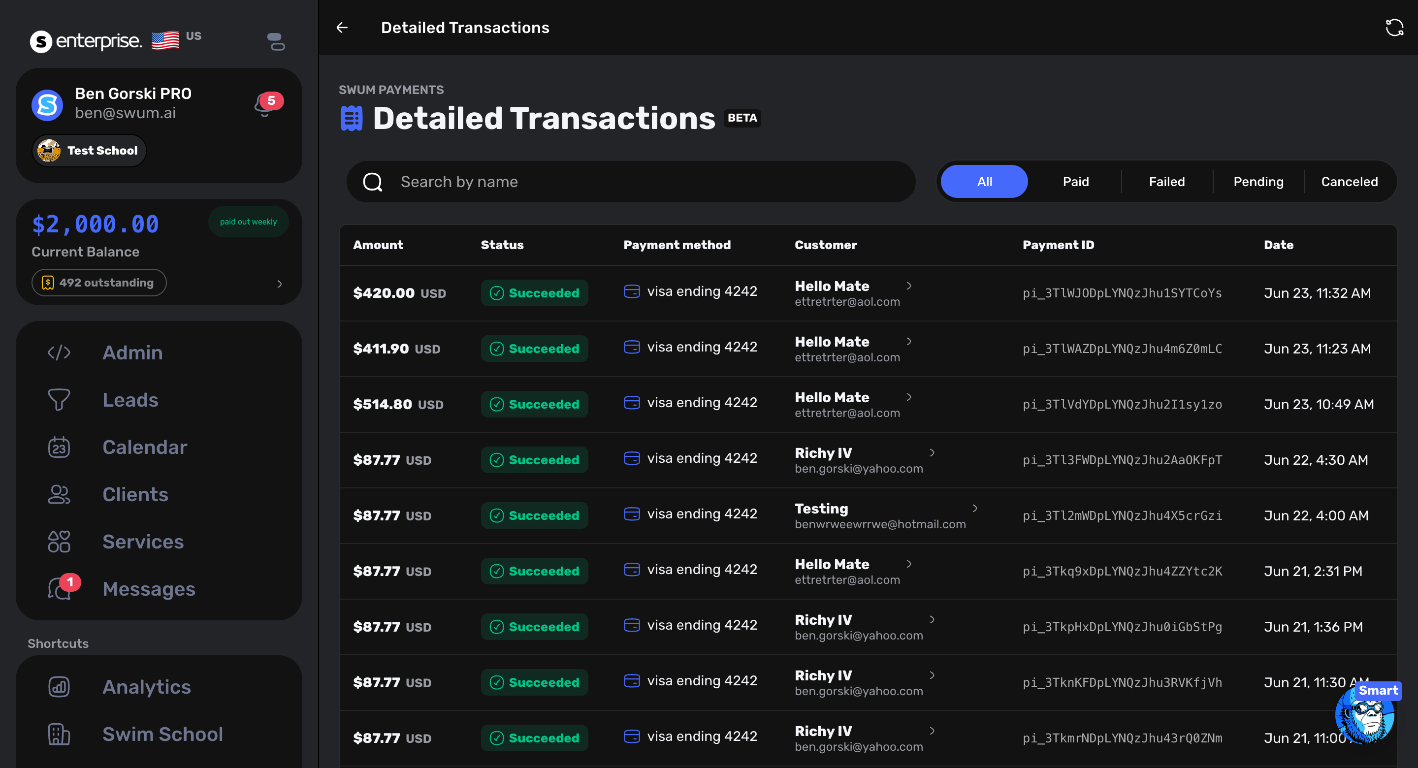 Swum detailed payment transaction interface